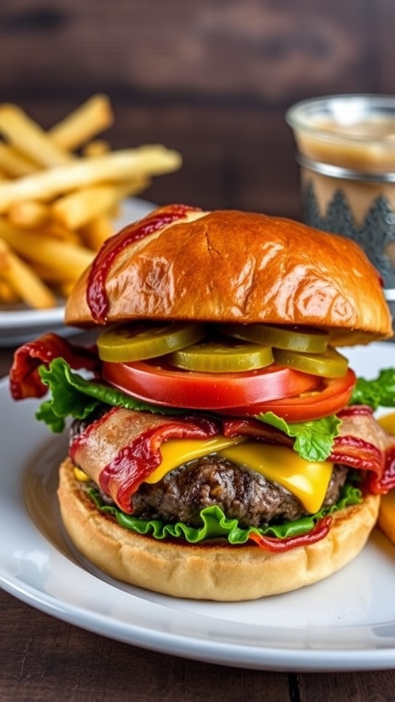 Bacon-Wrapped Hamburger Recipe A bacon-wrapped hamburger with cheese, lettuce, tomato, and pickles on a toasted bun, served with fries.